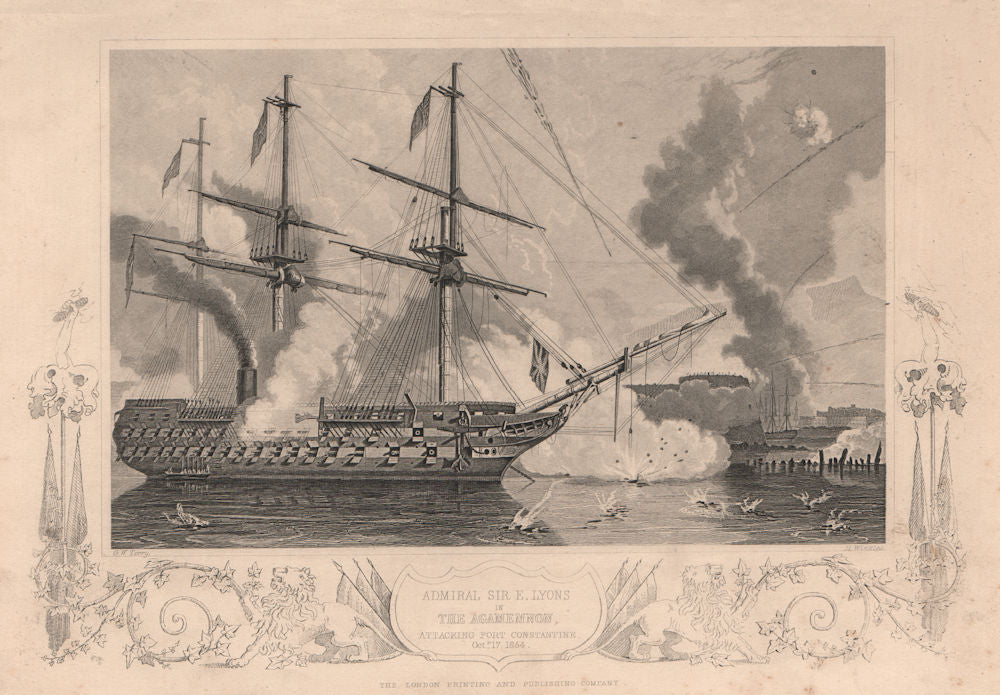 CRIMEAN WAR. Agamemnon shelling Constanța/Constanta 1854. Romania 1860 print